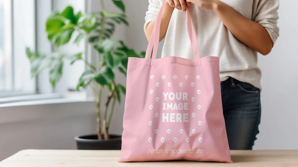 Woman Holding Pink Tote Bag Mockup Front View Template