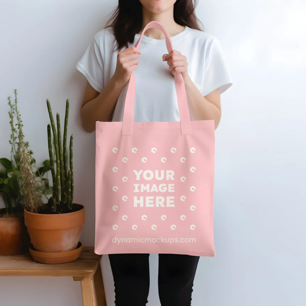 Woman Holding Pink Tote Bag Mockup Front View Template