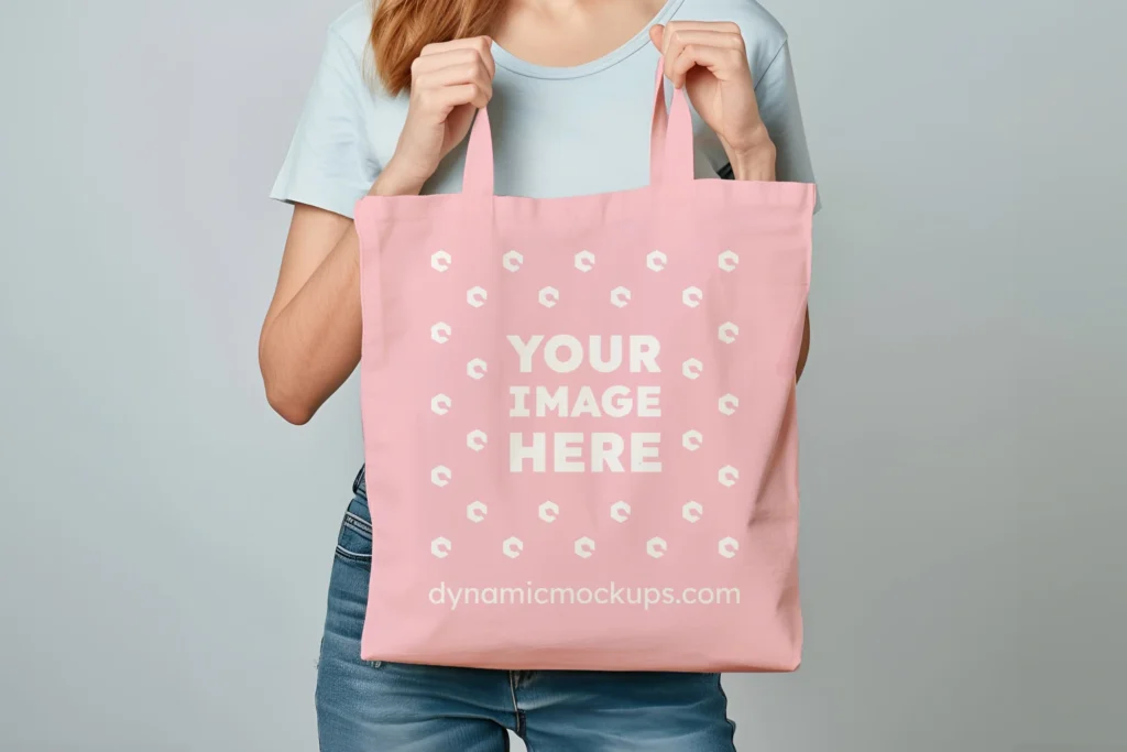 Woman Holding Pink Tote Bag Mockup Front View Template