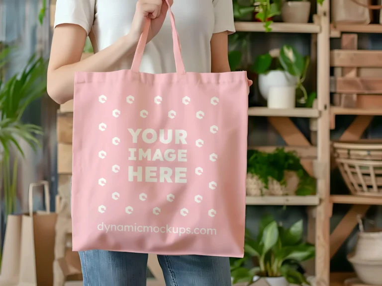 Woman Holding Pink Tote Bag Mockup Front View Template