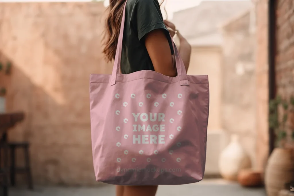 Woman Holding Pink Tote Bag Mockup Side View Template