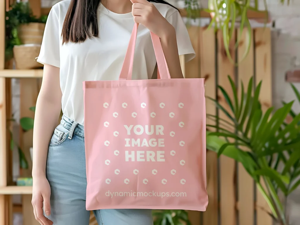 Woman Holding Pink Tote Bag Mockup Front View Template