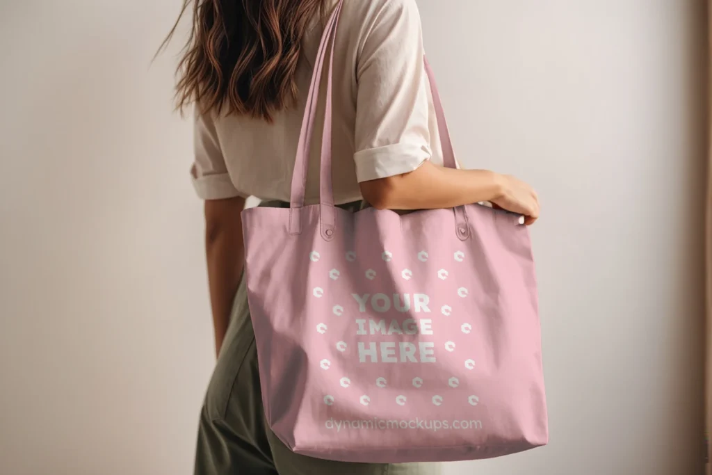 Woman Holding Pink Tote Bag Mockup Side View Template