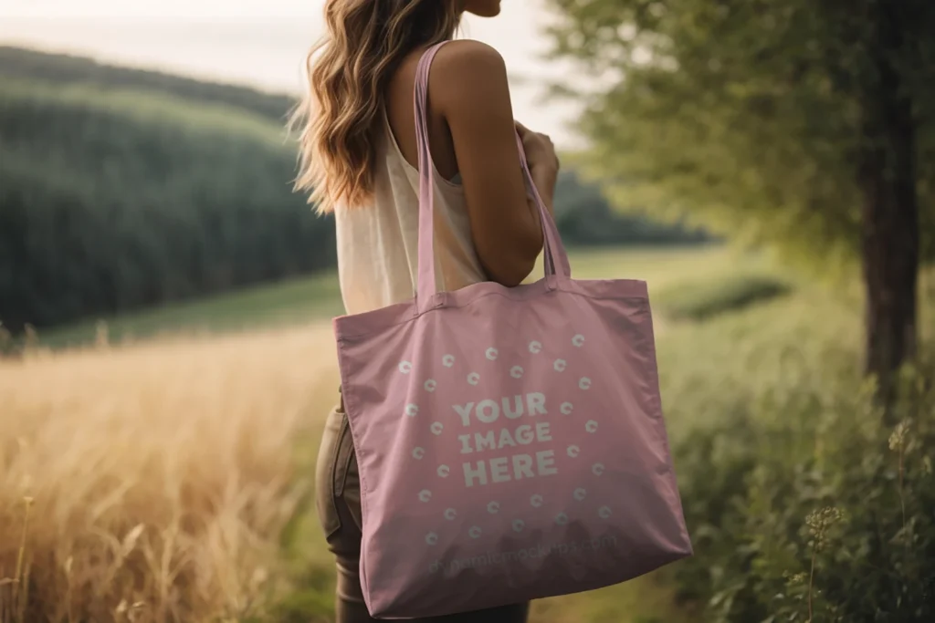 Woman Holding Pink Tote Bag Mockup Side View Template