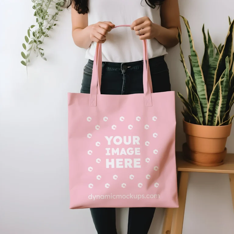 Woman Holding Pink Tote Bag Mockup Front View Template