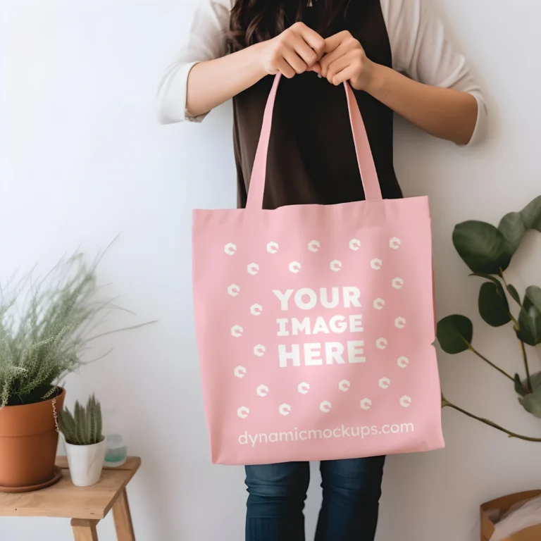 Woman Holding Pink Tote Bag Mockup Front View Template