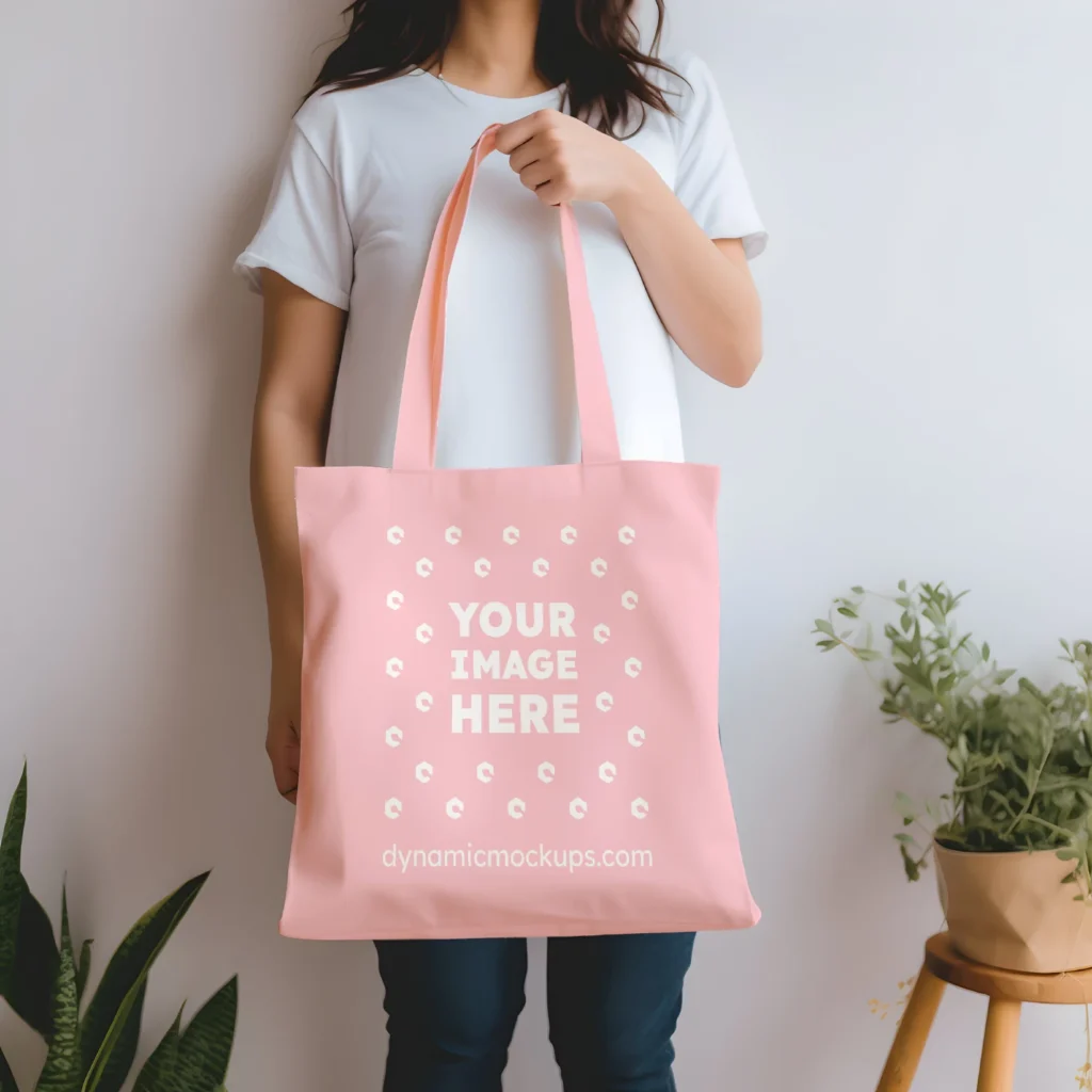 Woman Holding Pink Tote Bag Mockup Front View Template