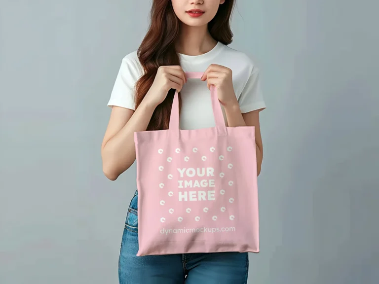 Woman Holding Pink Tote Bag Mockup Front View Template