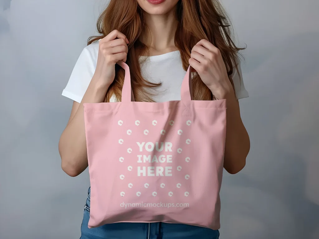 Woman Holding Pink Tote Bag Mockup Front View Template