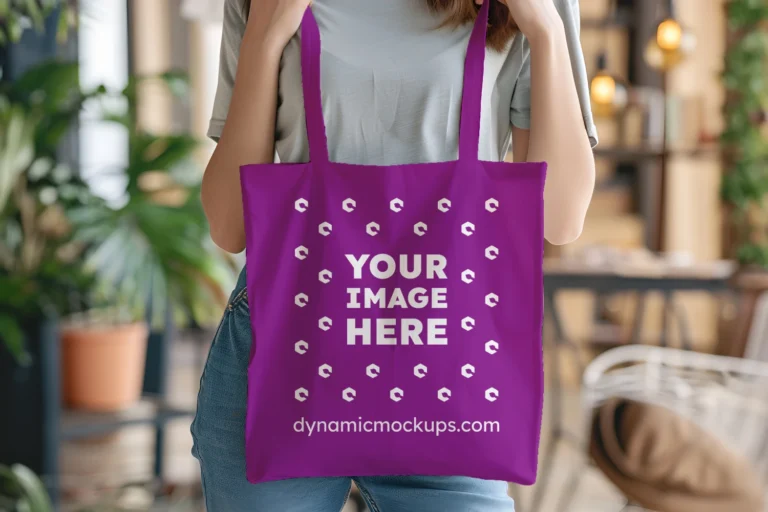 Woman Holding Purple Tote Bag Mockup Front View Template