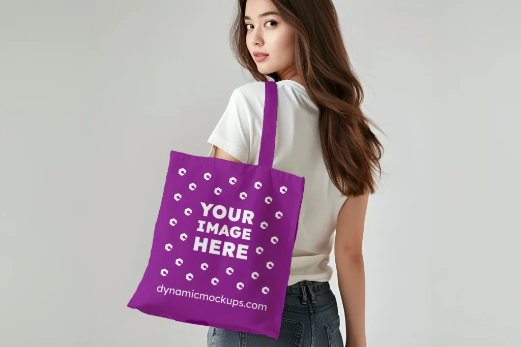 Woman Holding Purple Tote Bag Mockup Back View Template