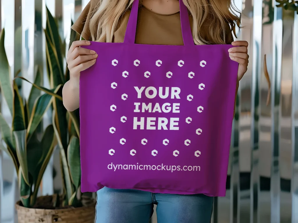 Woman Holding Purple Tote Bag Mockup Front View Template