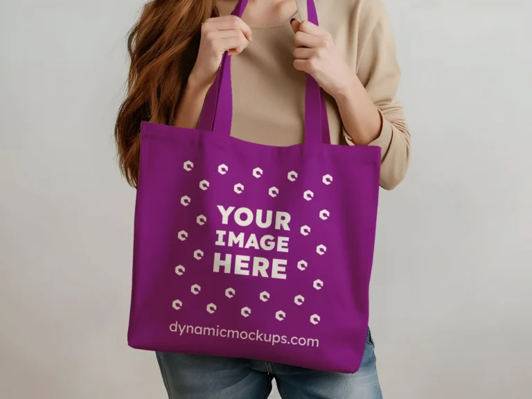 Woman Holding Purple Tote Bag Mockup Front View Template