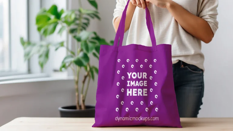 Woman Holding Purple Tote Bag Mockup Front View Template