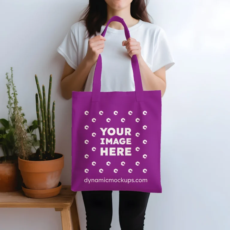 Woman Holding Purple Tote Bag Mockup Front View Template