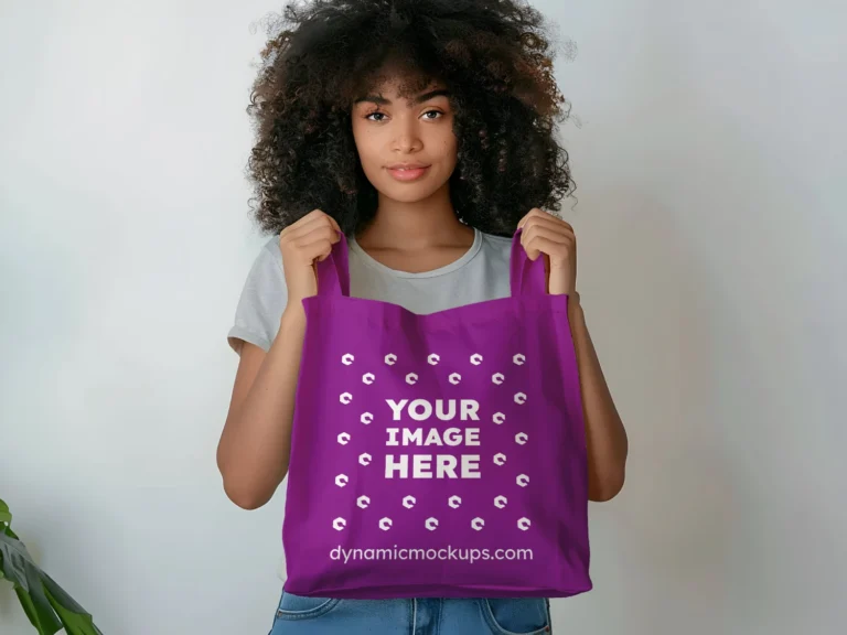 Woman Holding Purple Tote Bag Mockup Front View Template