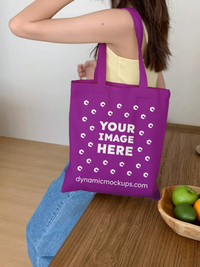 Woman Holding Purple Tote Bag Mockup Side View Template