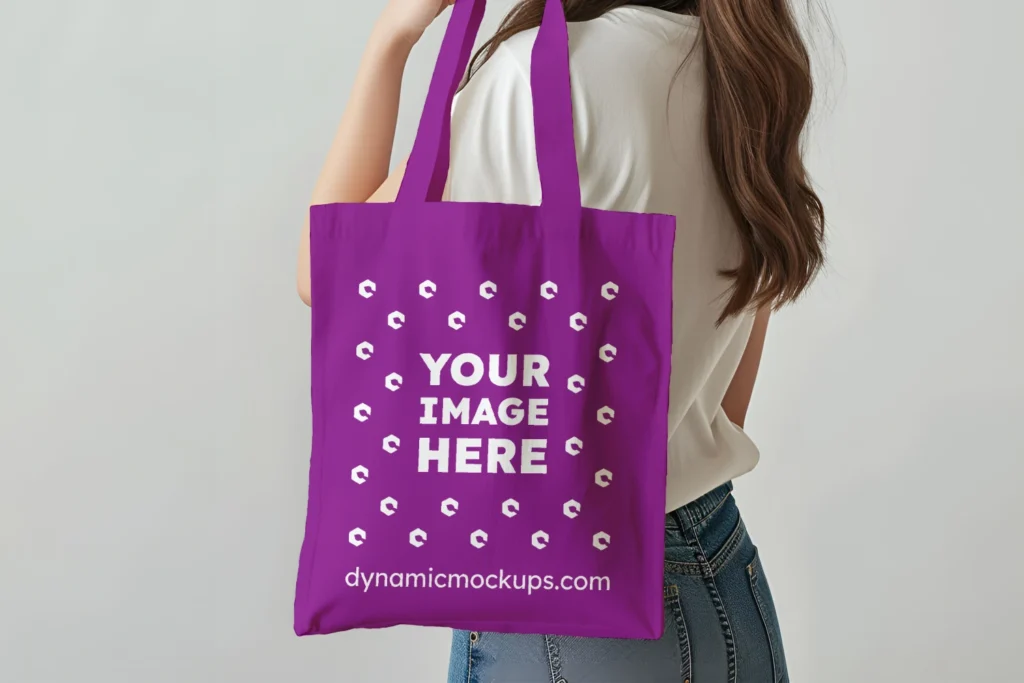 Woman Holding Purple Tote Bag Mockup Side View Template