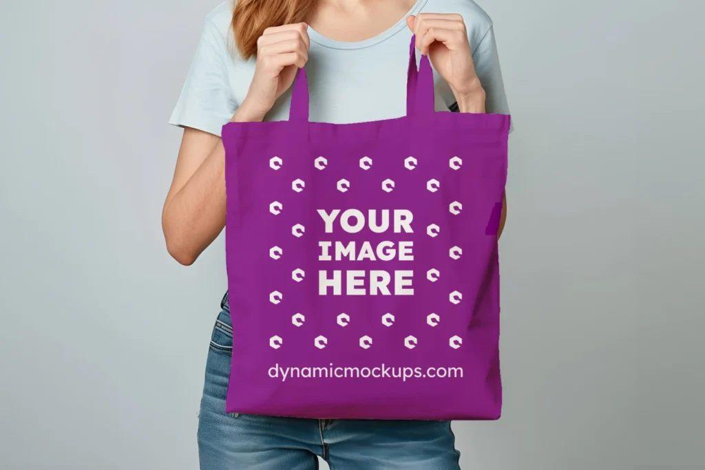 Woman Holding Purple Tote Bag Mockup Front View Template