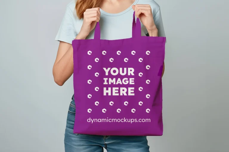 Woman Holding Purple Tote Bag Mockup Front View Template