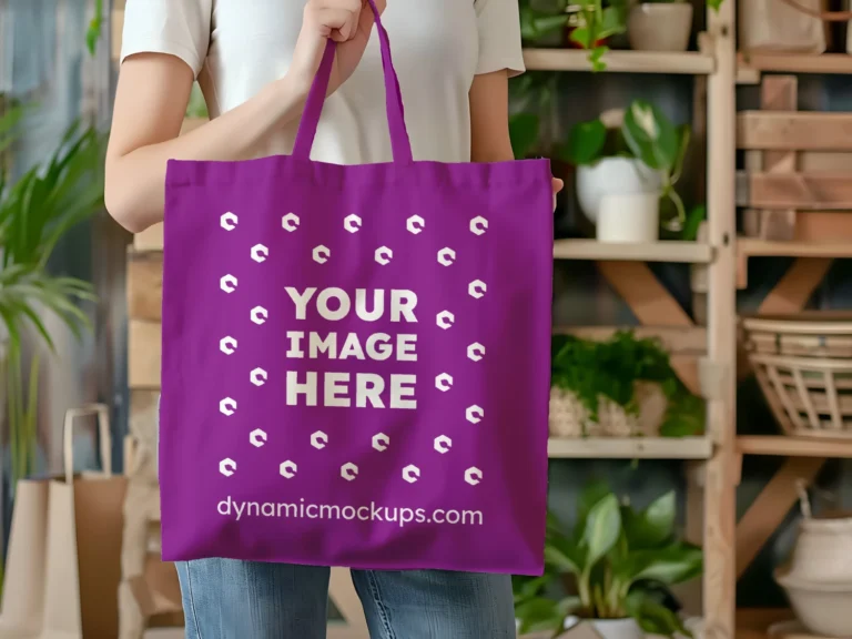 Woman Holding Purple Tote Bag Mockup Front View Template