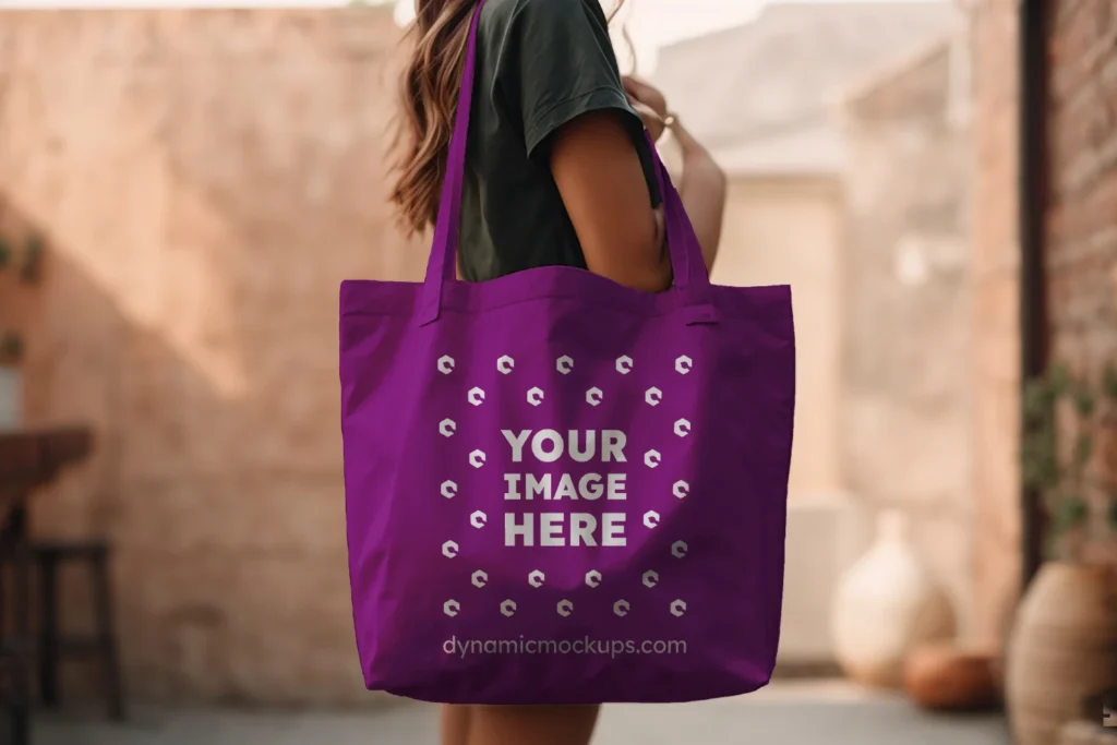 Woman Holding Purple Tote Bag Mockup Side View Template