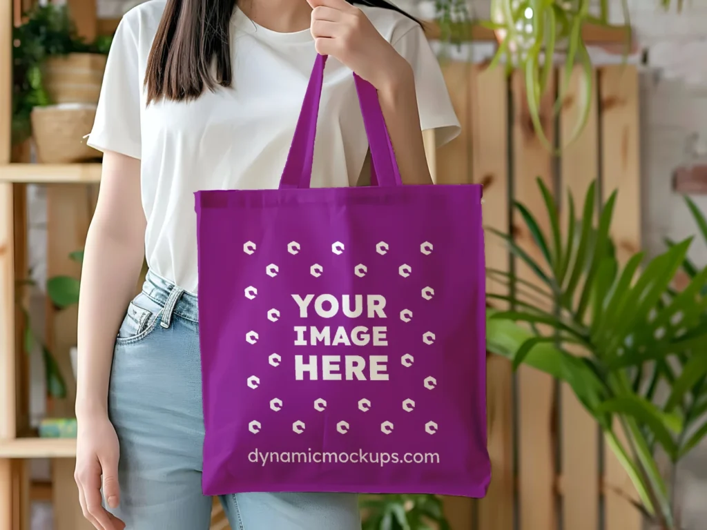 Woman Holding Purple Tote Bag Mockup Front View Template