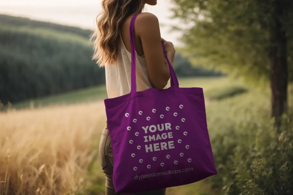 Woman Holding Purple Tote Bag Mockup Side View Template