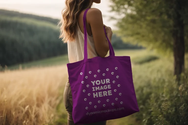 Woman Holding Purple Tote Bag Mockup Side View Template