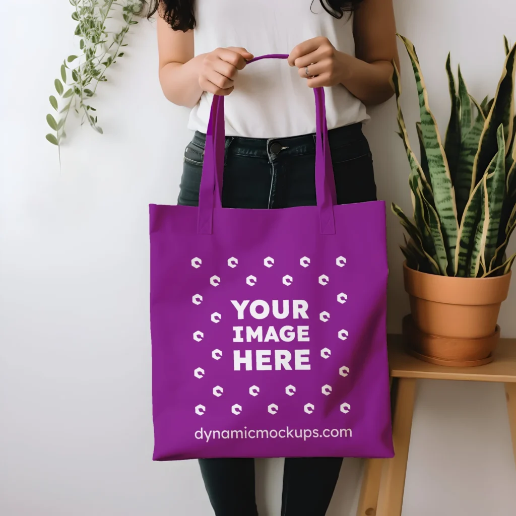 Woman Holding Purple Tote Bag Mockup Front View Template