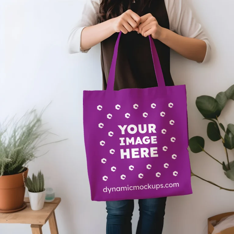 Woman Holding Purple Tote Bag Mockup Front View Template