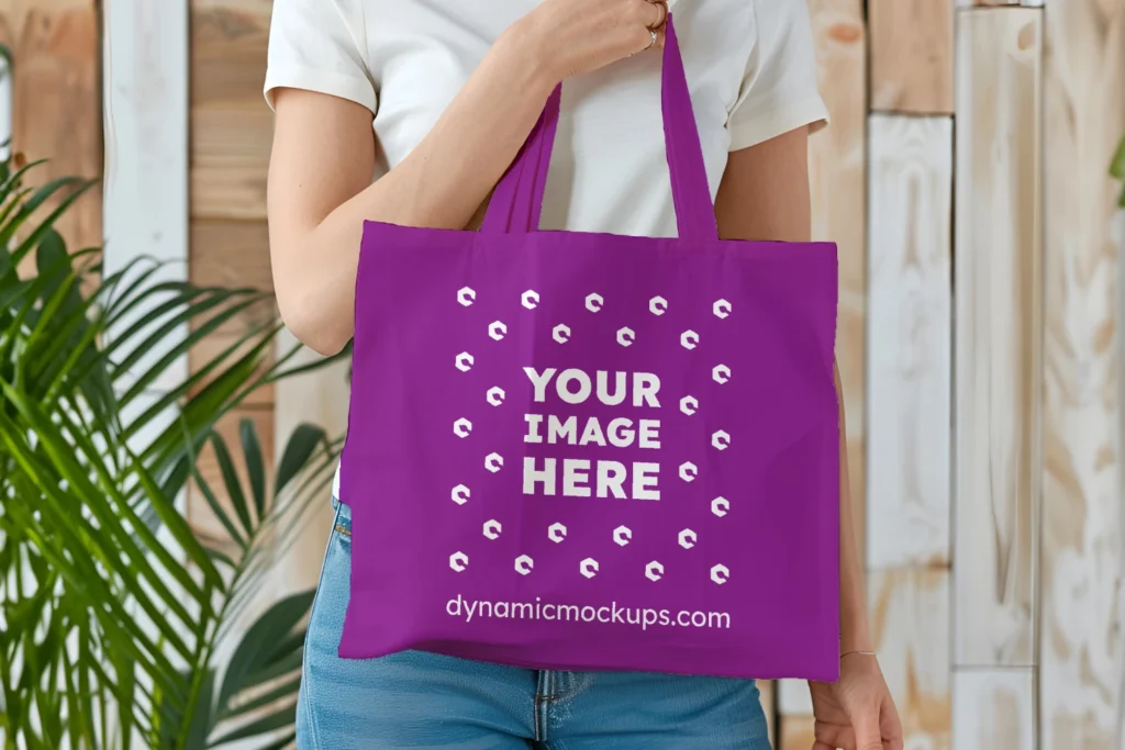 Woman Holding Purple Tote Bag Mockup Front View Template