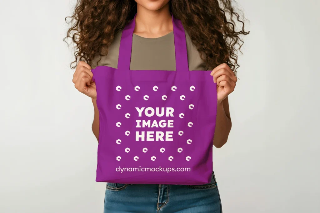 Woman Holding Purple Tote Bag Mockup Front View Template