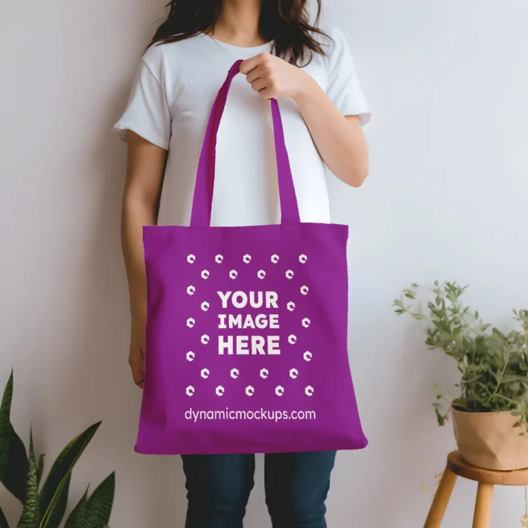 Woman Holding Purple Tote Bag Mockup Front View Template