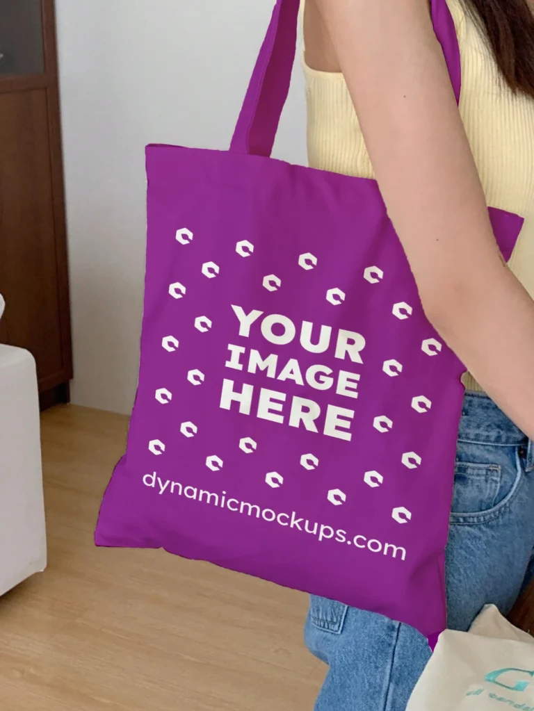 Woman Holding Purple Tote Bag Mockup Side View Template