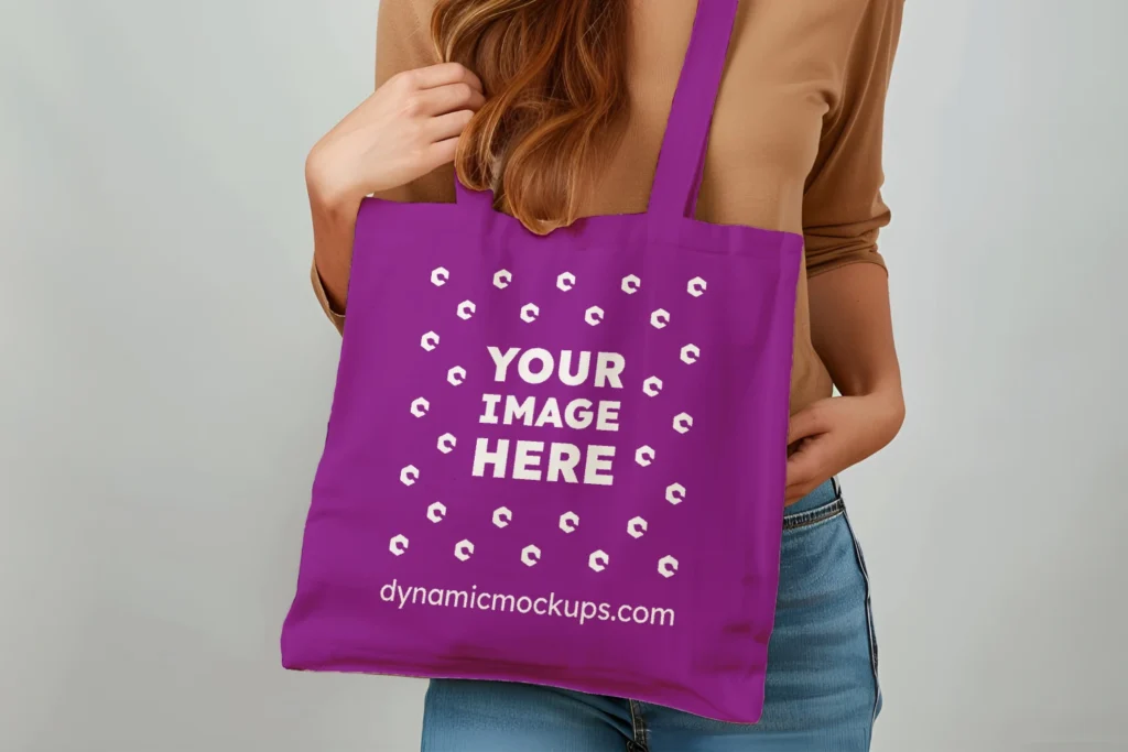 Woman Holding Purple Tote Bag Mockup Front View Template