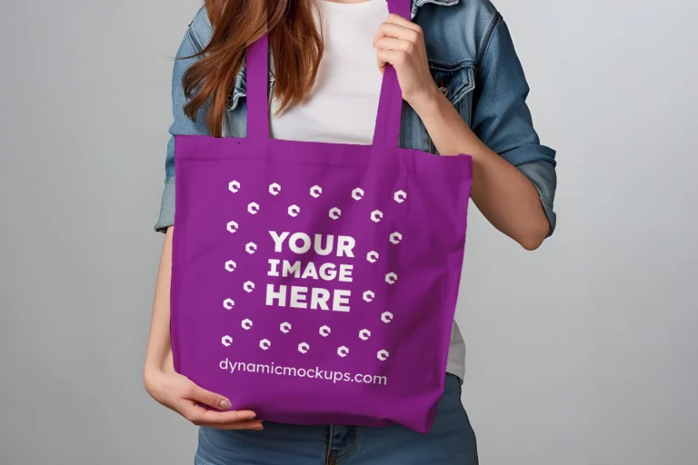 Woman Holding Purple Tote Bag Mockup Front View Template