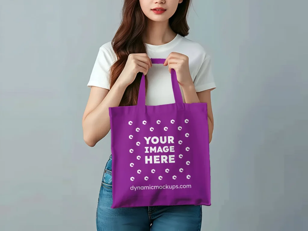 Woman Holding Purple Tote Bag Mockup Front View Template