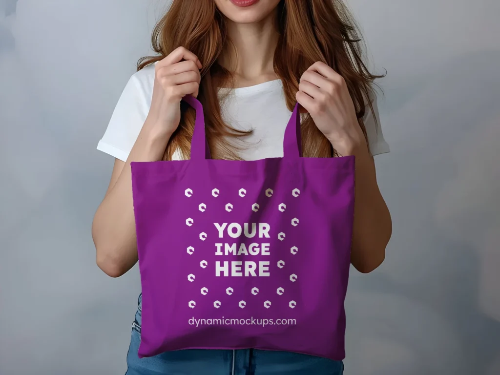 Woman Holding Purple Tote Bag Mockup Front View Template