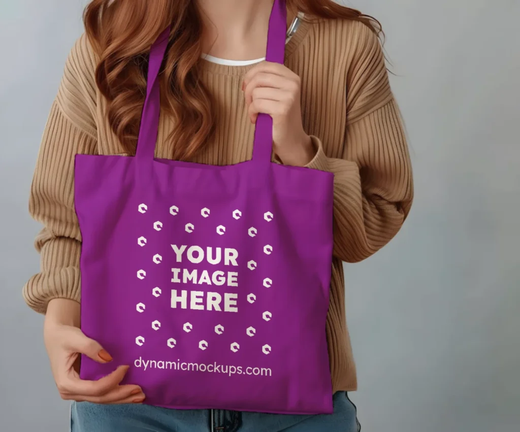 Woman Holding Purple Tote Bag Mockup Front View Template