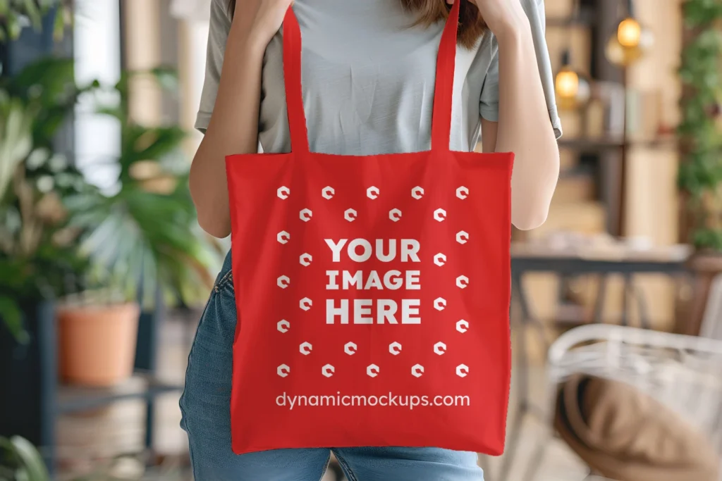 Woman Holding Red Tote Bag Mockup Front View Template