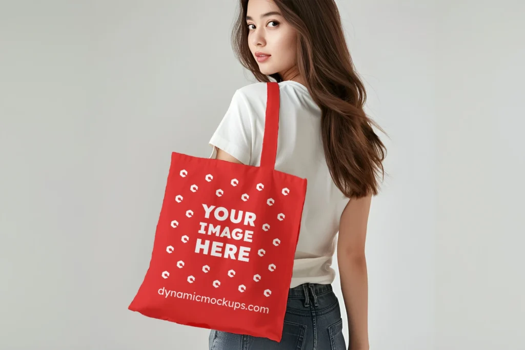 Woman Holding Red Tote Bag Mockup Back View Template