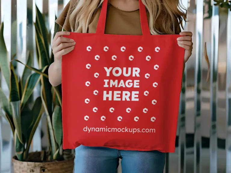 Woman Holding Red Tote Bag Mockup Front View Template