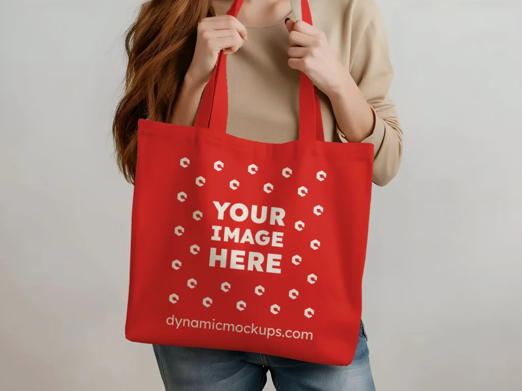 Woman Holding Red Tote Bag Mockup Front View Template