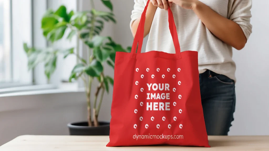 Woman Holding Red Tote Bag Mockup Front View Template