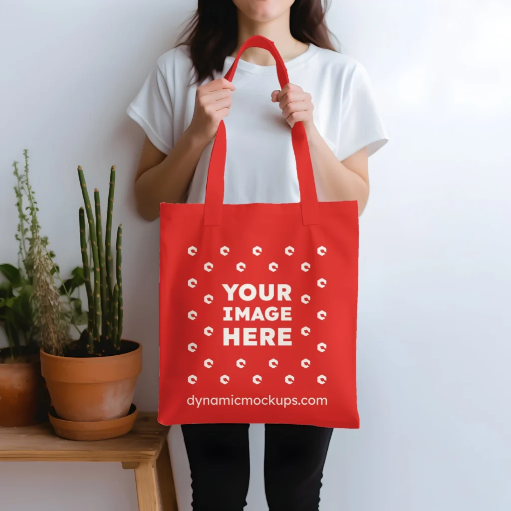 Woman Holding Red Tote Bag Mockup Front View Template