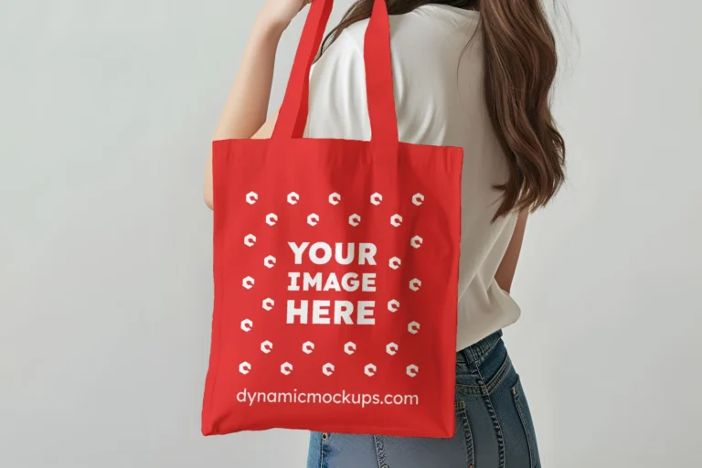 Woman Holding Red Tote Bag Mockup Side View Template