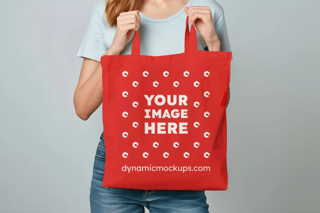 Woman Holding Red Tote Bag Mockup Front View Template