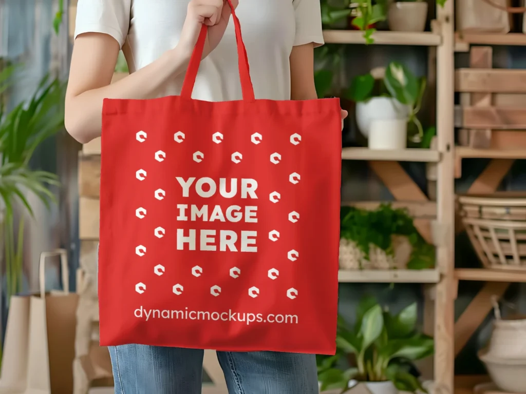 Woman Holding Red Tote Bag Mockup Front View Template