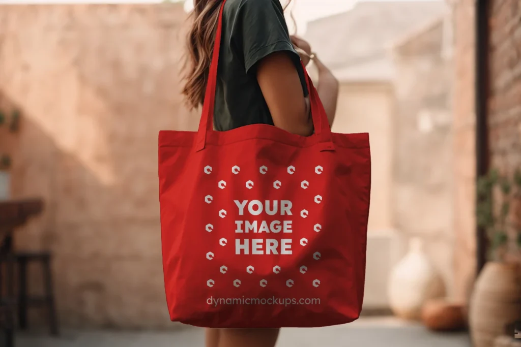 Woman Holding Red Tote Bag Mockup Side View Template